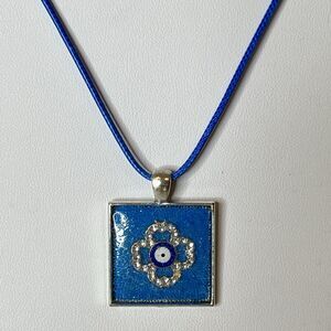 Handmade Evil Eye Pendant Necklace Bling Four Leaf Clover Blue 20" Waxed  Cord